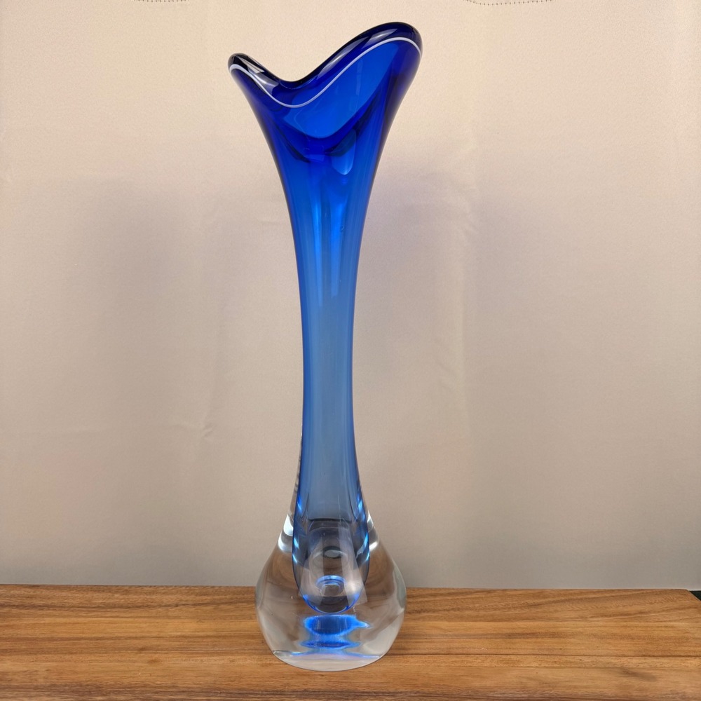 Flygsfors Coquille Paul Kedelv Blue Art Glass Vase Signed Swedish MCM 17 inch